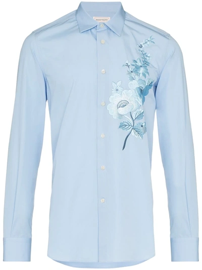 Alexander Mcqueen Floral-embroidered Cotton-poplin Shirt In Blue
