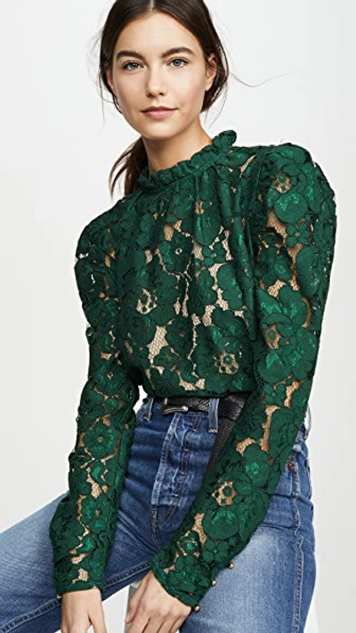 Wayf Emma Puff Sleeve Lace Top In Hunter