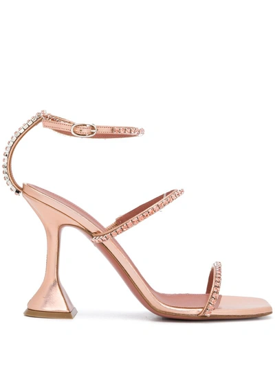 Amina Muaddi Gilda Crystal-embellished Metallic Leather Sandals In Pink