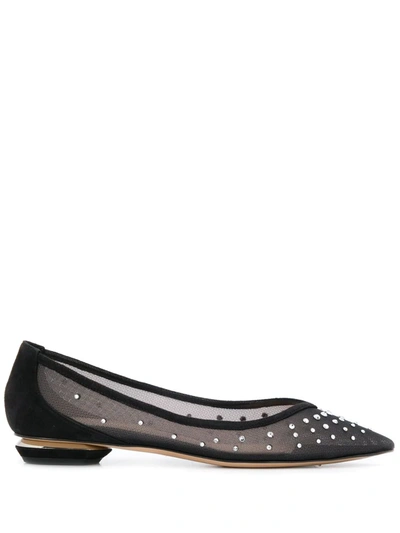 Nicholas Kirkwood Lexi Suede-trimmed Crystal-embellished Mesh Point-toe Flats In Black