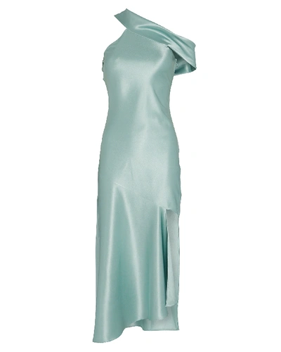 Cushnie Off-the-shoulder Asymmetric Silk Slip Dress In Green-lt