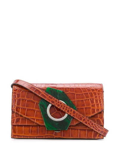 Ganni Croc Embossed Leather Shoulder Bag In Brown