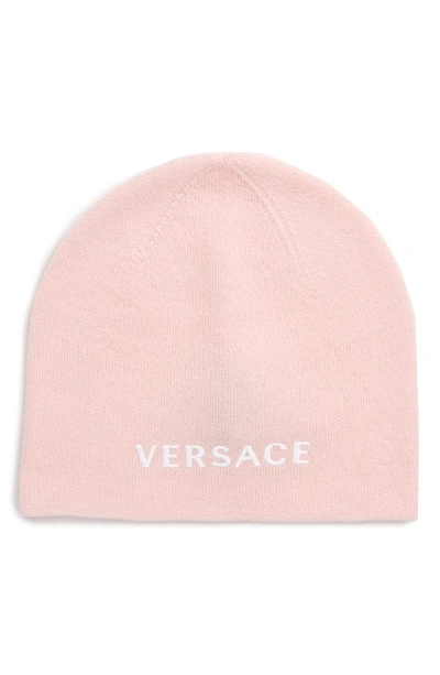 Versace Logo Knit Wool Beanie In Rosa/ Bianco