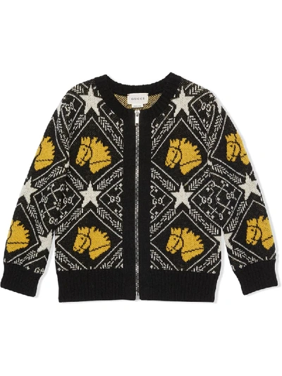 Gucci Kids' Children's Gg Horses Wool Cardigan In Black