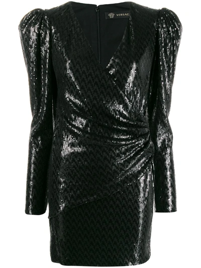 Versace Puff Shoulder Sequin Long Sleeve Minidress In Black