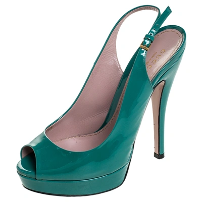 Pre-owned Gucci Teal Patent Leather Sofia Platform Peep Toe Slingback Sandals Size 36 In Blue