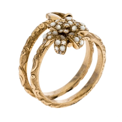 Pre-owned Gucci Flora Diamond Mother Of Pearl 18k Yellow Gold Textured Wrap Charm Ring Size 54.5