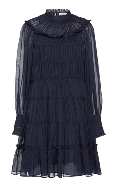 Ulla Johnson Emmeline Shirred Blouson-sleeve Silk Dress In Midnight