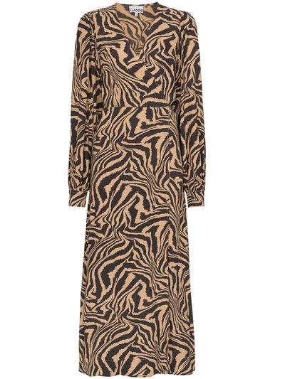 Ganni Zebra-print Crepe Wrap Dress In Brown