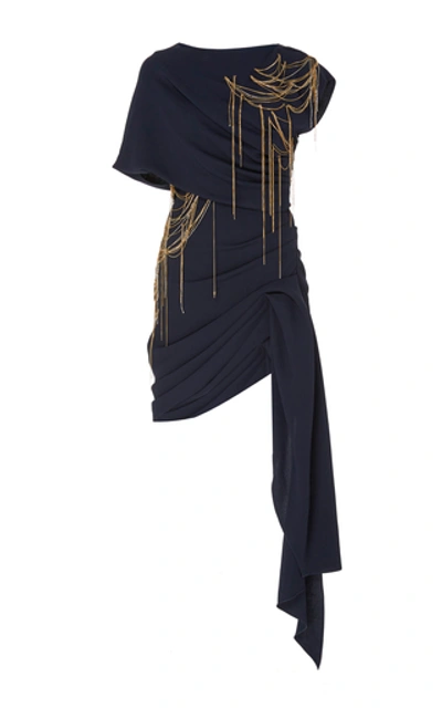 Oscar De La Renta Chain Embellished Draped Mini Dress In Navy