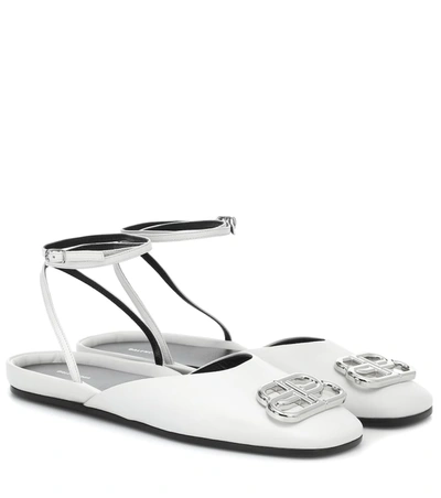 Balenciaga Bb Logo-plaque Ankle Strap Leather Ballet Flats In White