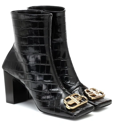 Balenciaga Double Square Bb-logo Croc-effect Leather Boots In Black