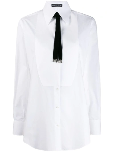 Dolce & Gabbana Bolo-tie Cotton Tuxedo Shirt In White