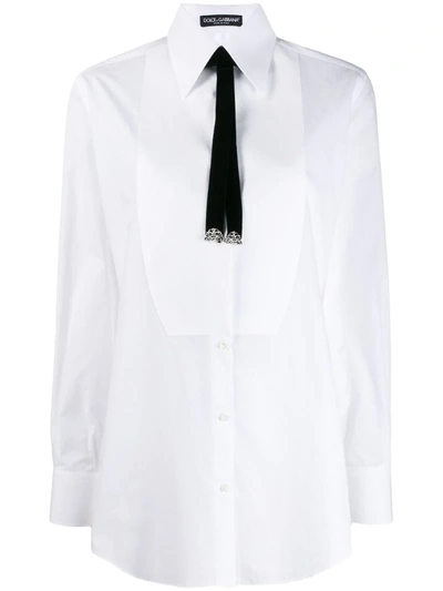 Dolce & Gabbana Bolo-tie Cotton Tuxedo Shirt In Bianco Ottico (white)