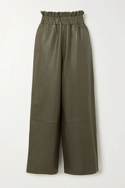 Ganni Leather Wide-leg Trousers In Army Green