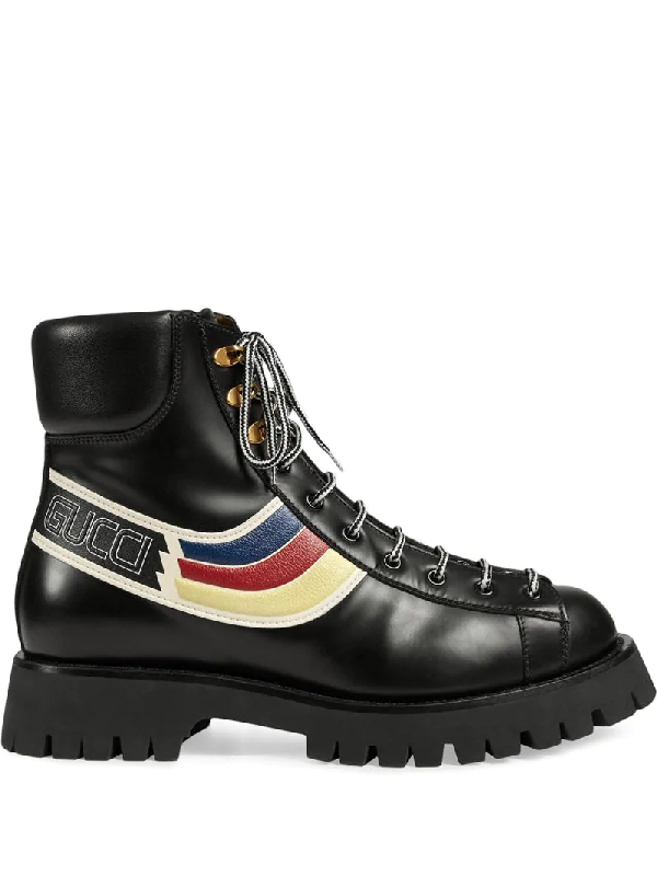 Gucci Oliver Web-stripe Leather Hiking Boots In Black | ModeSens