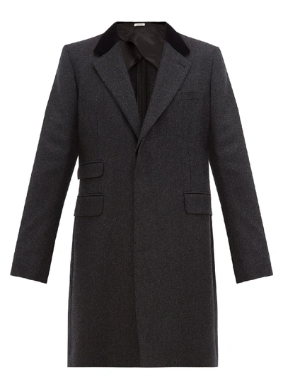 Alexander Mcqueen Velvet-collar Single-breasted Wool-twill Coat In Charcoal/black