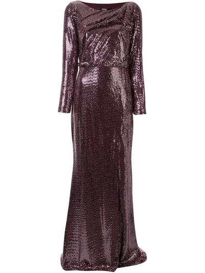 Badgley Mischka Sequin Long-sleeve Asymmetric Back Cutout Gown In Plum