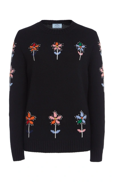 Prada Women's Floral Cashmere & Virgin Wool Sweater In Black