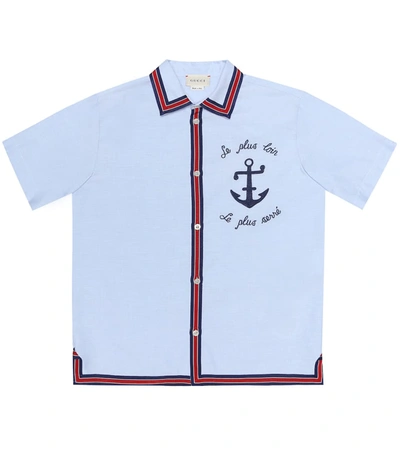 Gucci Anchor Embroidered Button-down Shirt W/ Ribbon Trim, Size 4-12 In Baby Blue