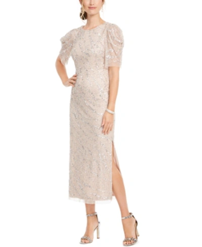 Adrianna Papell Beaded Draped-sleeve Gown In Almond Cream