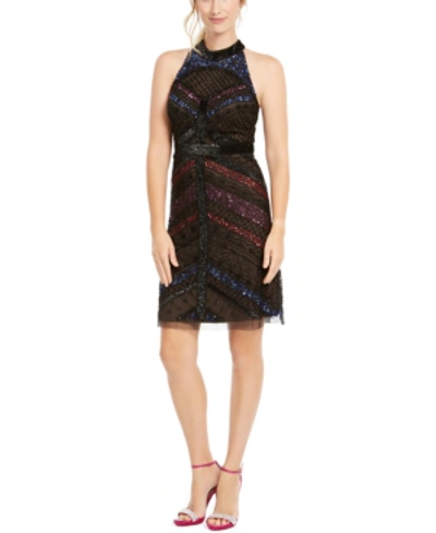 Adrianna Papell Beaded Halter Dress In Black