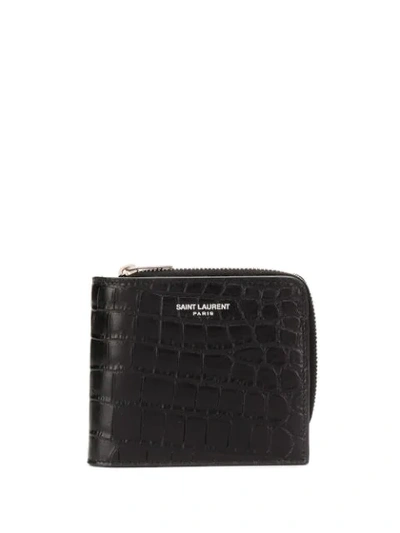 Saint Laurent Matte Crocodile Embossed Zip-around Wallet In Black