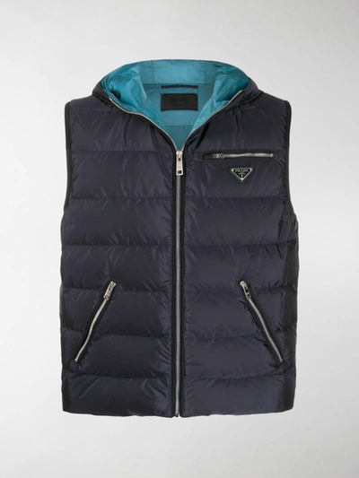 Prada Padded Hooded Gilet In Blue