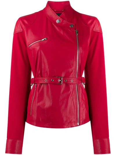 Pinko Collarless Leather Biker Jacket In Red