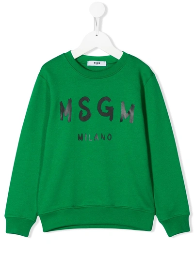 Msgm Kids' Long Sleeve Printed Logo Jumper In Green