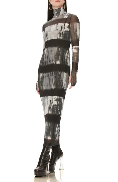 Afrm Shailene Long Sleeve Print Mesh Dress In Black/ White Stripe Tie Dye