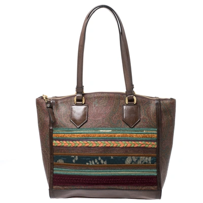 Pre-owned Etro Brown Paisley Print Coated Canvas Embroidered Tote