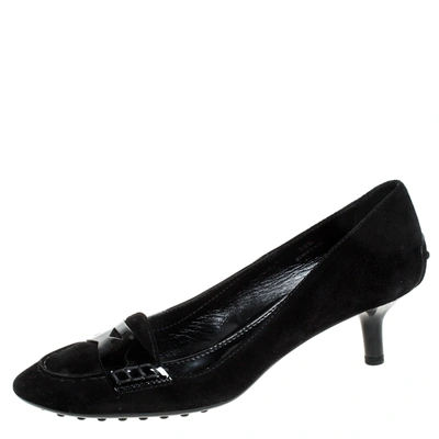 Pre-owned Tod's Black Suede And Patent Leather Penny Loafer Pumps Size 38.5