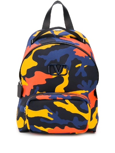 Valentino Garavani V-logo Leather-trim Camouflage-print Backpack In Navy Camo/orange