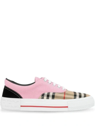 Burberry Vintage Check Cotton Canvas And Suede Sneakers In Archive Beige/pink