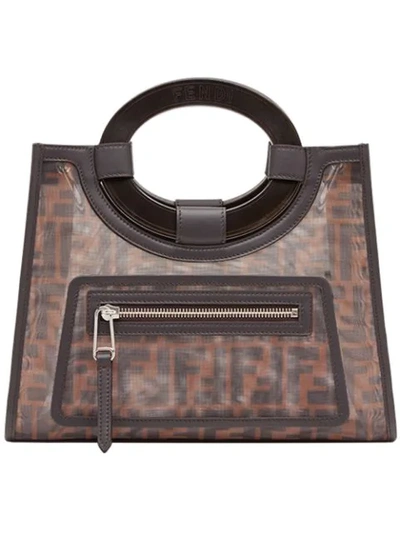 Fendi Runaway Small Leather-trimmed Printed Mesh Tote In Dark Brown