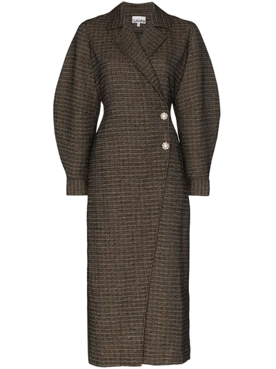 Ganni Crystal-embellished Tweed Coat In Brown