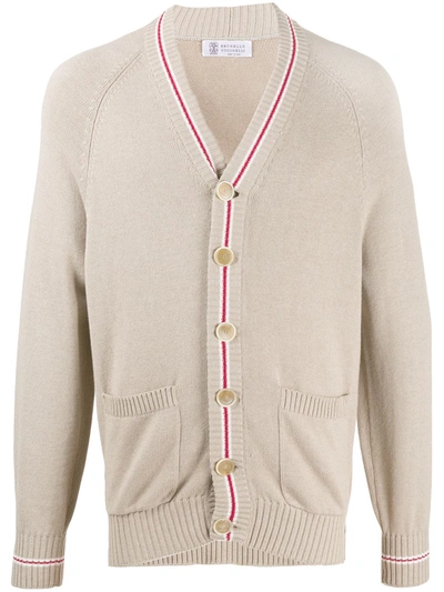 Brunello Cucinelli Striped-trim V-neck Cotton-knit Cardigan In Neutrals
