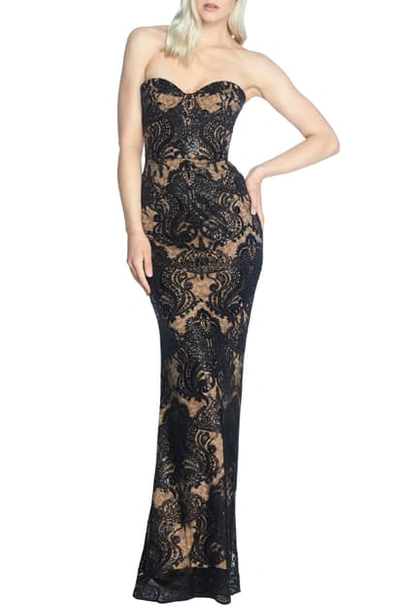 Dress The Population Nicolette Sequin Lace Strapless Trumpet Gown In Black-nude