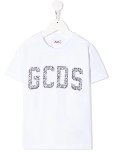 Gcds Kids' Glitter Logo Printed T-shirt In White