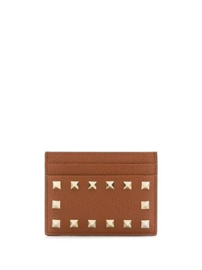 Valentino Garavani Rockstud Leather Card Holder In Brown