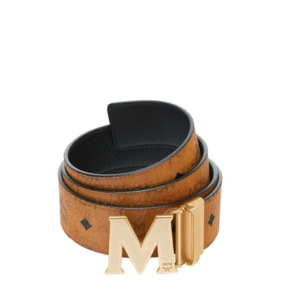 Pre-owned Mcm M Reversible Belt Visetos Antique Gold 1.75" Cognac