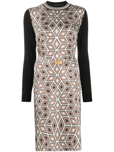 Tory Burch Printed Silk Front Long-sleeve Sweater Back Dress In Black