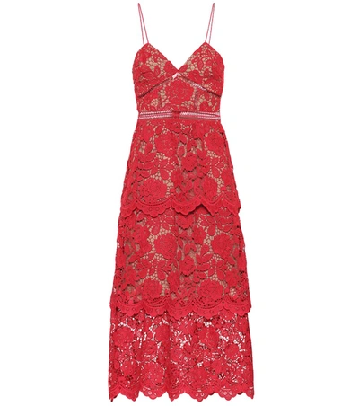 Self-portrait Tiered Floral Guipure-lace Dress In Red