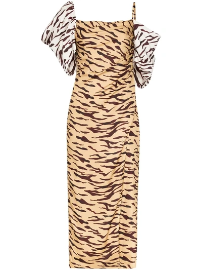 Rejina Pyo Amelia Tiger-print Satin-twill Midi Dress In Beige