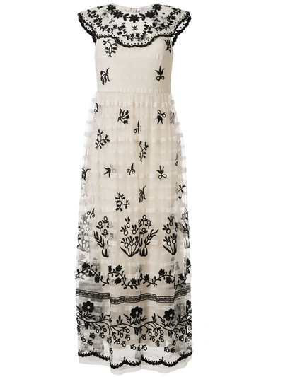Red Valentino Ivory Floral-embroidered Tulle Maxi Dress In White And Black