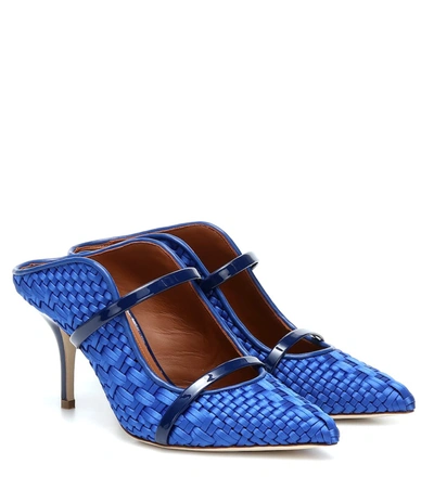 Malone Souliers Maureen Patent Leather-trimmed Basketweave Satin Mules In Blue