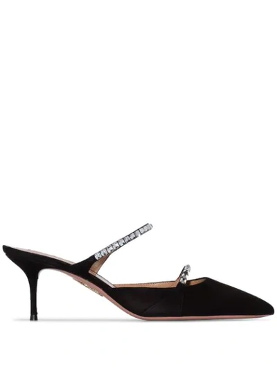 Aquazzura Diamante 60 Black Crystal-embellished Suede Mules