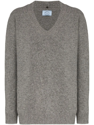 Prada Oversized V-neck Virgin Wool And Cashmere-blend Jumper In Grey
