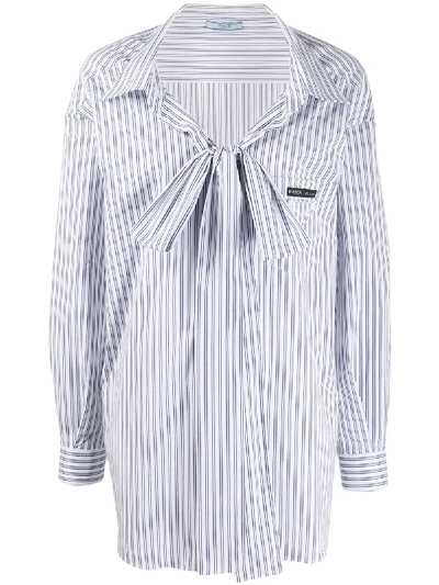 Prada Oversized Bow Pin-striped Blouse In 蓝色